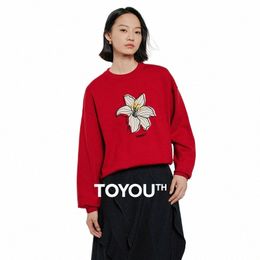 Toyouth Women Sweater 2024 Spring 3d Lily FR bordado lg manga redonda de cuello redondo de ropa suelta como regalo v6nm#
