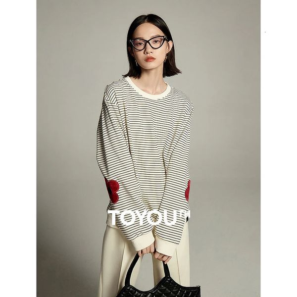 Toyouth Women Sweathirt Automne Long Manchet O Cou Adable en vrac Stripes noires et blanches Fleur Broids Tops décontractés 240509