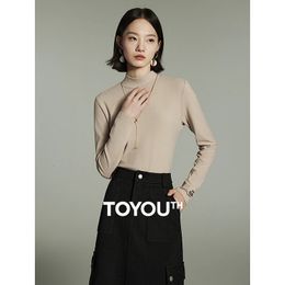 Toyouth Mujeres Camisetas Invierno Manga larga Medio cuello alto Slim Fit Camiseta Autocalentamiento Cálido Versátil Tops multicolores 240329