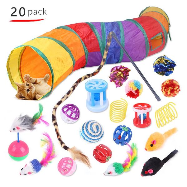 Jouets 20 pièces ensemble de jouets pour chat intérieur extérieur interactif chaton jouet assortiments chat Tunnel balles cloche plume Teaser baguette souris jouets