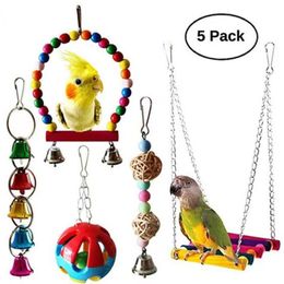 Jouets 5/ 6 /10 pièces/ensemble, Cage à perroquets, accessoires pour animaux de compagnie, jouets pour oiseaux, balançoire à croquer fiable, perles en bois suspendues, cloche, jouets, nouveau