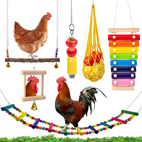 Jouets 6 pièces ensemble de jouets de poulet jouets à mâcher pour la recherche de nourriture perroquet jouant des jouets d'entraînement avec balançoire en bois mangeoire suspendue pour fruits et légumes