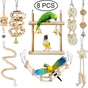Toys 8 Packs Bird Perrot Swing Toy Hanging Toy, Natural Wood Bell Bird Cage Toys for Perroots Parkets Calsics Cascadels Finches Budgie Perrots