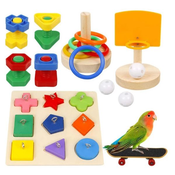 Juguetes Juego de juguetes de entrenamiento para loros y pájaros, incluye bloques de madera, rompecabezas, juguete, anillos apilables de baloncesto, tuercas y pernos para monopatín