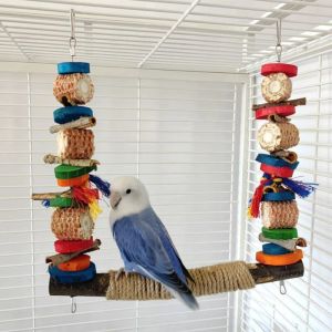 Jouets balançoire à oiseaux pour Cage perroquet perche support en bois naturel jouet à oiseau perruche jouet à mâcher blocs de bois pour petites perruches calopsittes