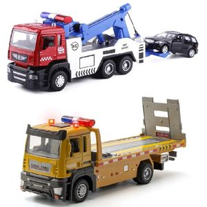 Juguetes Diecasts conjunto de camión de remolque remolque de rescate 1/50 modelo de aleación con un coche 1/64 5009-1/50010-1 vehículo de transporte regalo para niños 240306