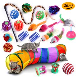 Toys pour les jouets de chat Set tunnels bâton de teaser Remplacé Plumes Spring Ball Mouse accompagner les jouets en peluche interactifs pour Kitty