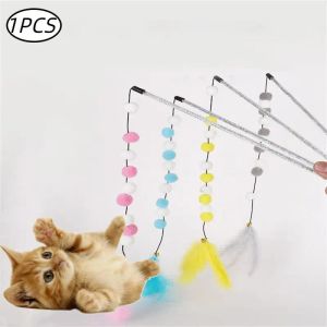 Toys New Pompom Cat Toys 1pcs Interactive Stick Feather Toys Kitten Teasing Durable Play Plux Ball Pet Supplies for Cat Exercice