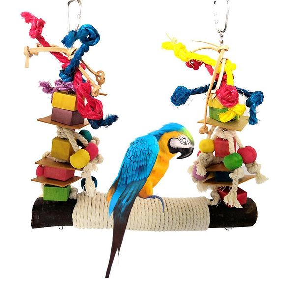 Jouets pour animaux de compagnie, perroquet, jouet à mâcher, perchoir en cuir, bloc de construction en bois coloré, corde en coton, grande balançoire Conure pour oiseaux de compagnie, fournitures pour animaux de compagnie