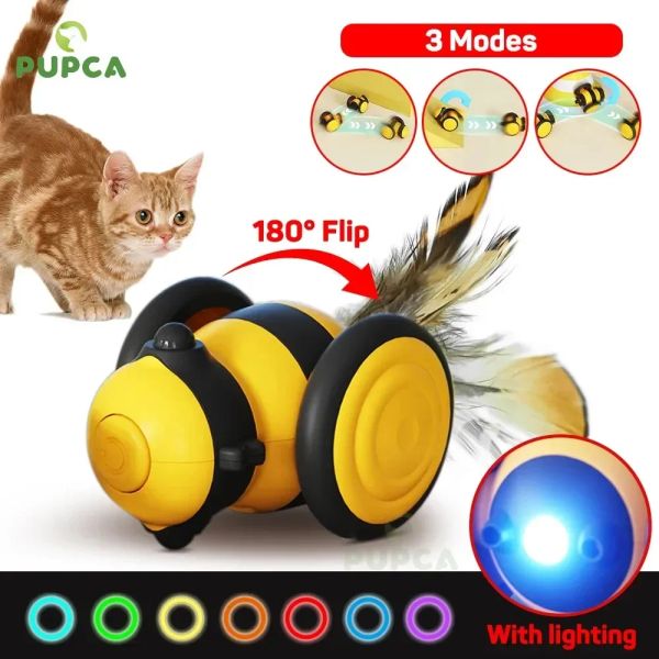 Toys Pupca Smart Cat Toy Car Automatic Moving Interactive Puzzle Pet Toys With LED Light Teaser Feather for Dog Kitten Training USB