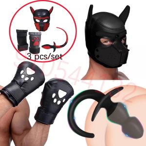 Toys Puppy Play Pup Hood Mask, Dog Paw Crawl Leather Glove, Anal Tailplug, Fetish Slave Pet Cosplay SM Sex Game Fantasy Bondage Toy Set