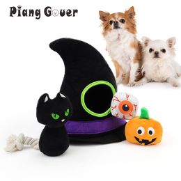 Ensemble de jouets chapeau d'halloween, jouet pour animaux de compagnie, yeux de citrouille, chat noir, jouet en peluche pour chien, jeu interactif, cadeau