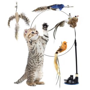 Toys Simulation Bird Form Interactive Funny Cat Stick Toy met Suction Cup Feather Bird Kitten Play Chase Oefening Cat Toy Supplies