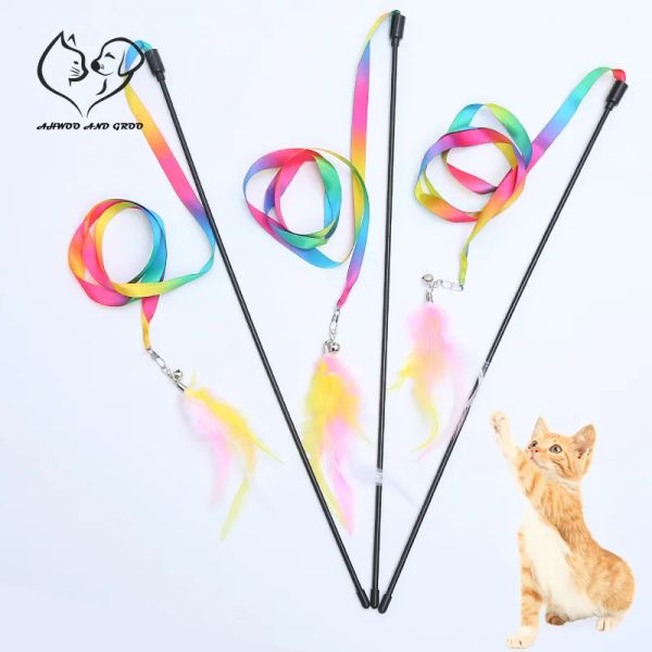 Toys simulation plume interactive chat jouet satin ruban cloche chat bâton toys chaton jouant teaser wand jouet chat fournit accessoires