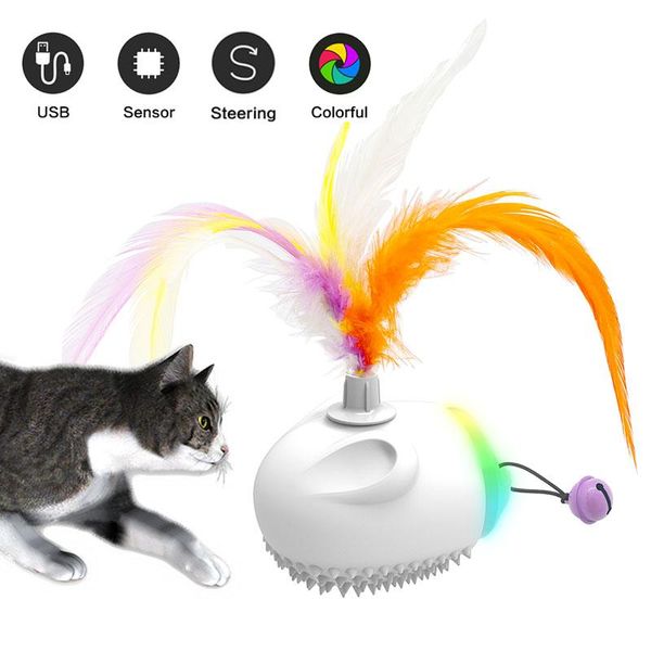 Jouets balle sautante intelligente jouet pour chat de compagnie plume Teaser interactif électrique Led chat jouet cloche automatique taquin formation Usb charge