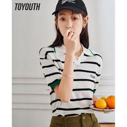 Toys Toyouth Women T -shirt 2023 Zomer Summer Korte mouw Polo V Neck Slim Stretch Knitwear Zwart -witte strepen Casual chic tops