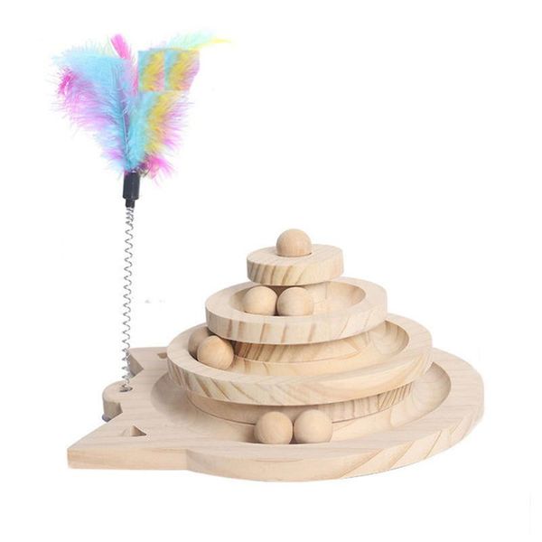 Toys en bois 2/3 niveaux Pet Cat Tout Tower Tracks Disc Cat Intelligence Amusement Triple Play Disc Cat Toys Ball Training Toys