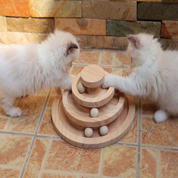 Jouets en bois jouet pour chat de compagnie 3 niveaux tour pistes disque chat Intelligence Amusement Triple jeu disque chat jouets balle accessoires d'entraînement