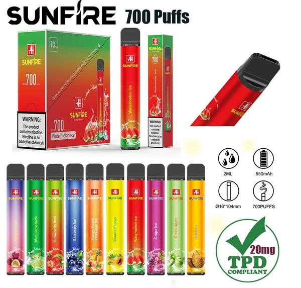 Tpd 700 bocanadas de vape desechable pluma original Sunfire 800 600 bar 2 ml de cigarrillos de vapor de vapor fabricante de dispositivos fabricantes baratos al por mayor i vape pluma cachimba