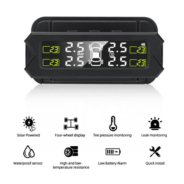 TPMS – système de surveillance de la pression des pneus sans fil pour voiture, alimentation solaire, charge USB, alarme numérique, capteur TPMS externe et interne