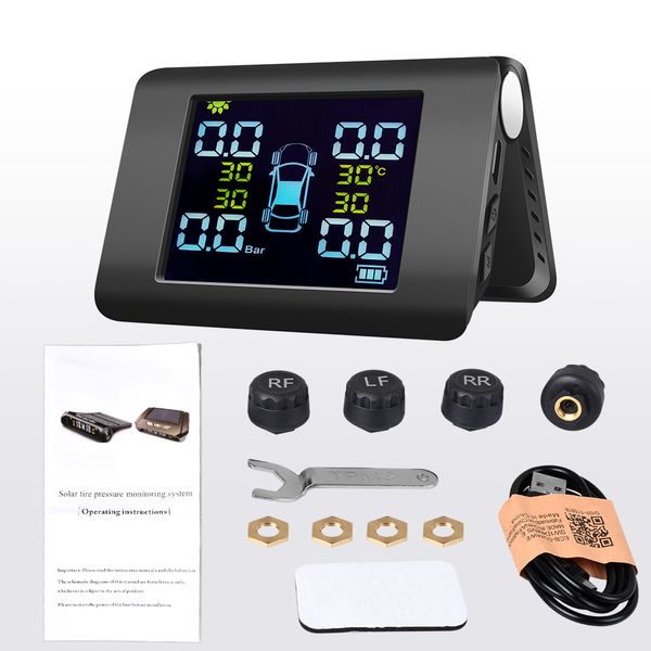 Sistema de monitoreo de presión de neumáticos de energía solar TPMS con pantalla LCD en tiempo real Sistema de alarma de 4 sensores automáticos de presión de neumáticos de automóviles