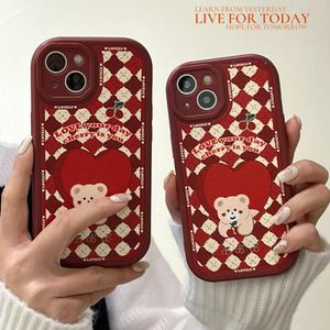 TPU Anti-Knock Cherry Bear Red Rattice Pattern Leathern Phone Case voor 13 12 11 Pro Max iPhone7 / 8 Plus XR XS Smartphone Cover Hoge kwaliteit