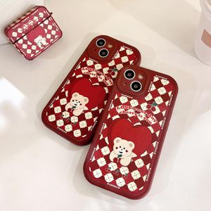 TPU Anti-Knock Cherry Bear Red Rattice Pattern Leathern Phone Case voor 13 12 11 Pro Max iPhone7 / 8 Plus XR XS Smartphone Cover Nieuw