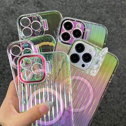 Tpu Kleurrijke Gradiënt Laser Verborgen Beugel Houder Magneet Case Voor iPhone 14 13 12 Pro Plus Max Draadloos Opladen cover