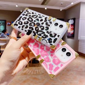 TPU Leopard Print Transparent Square Telefoon Gevallen voor iPhone 13 PRO MAX 12 11 XS XR X 8 7 Plus Bescherm Cover Schokbestendig Case