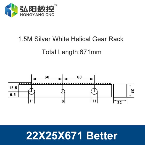 Rack de piste Rack hélicoïdal 1.5mod 22x25 671mm 20x20 960mm Machinerie industrielle Engrenage carré 45 Rack CNC Guide linéaire en acier CNC
