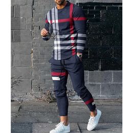 Trainingspak 2-delige set heren oversized gestreept joggingpak 3D sweatshirt met lange mouwen T-shirt broek outfit casual streetwear 240112