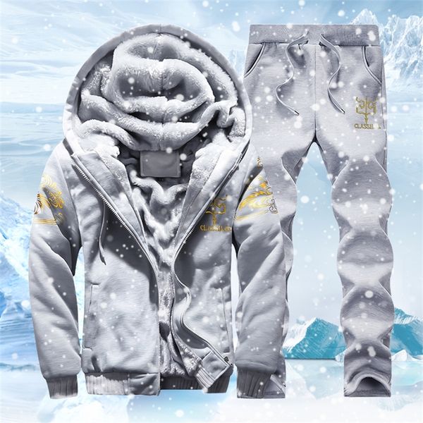 Survêtement hommes sport polaire épais à capuche marque-vêtements décontracté survêtement veste + pantalon chaud fourrure à l'intérieur sweat-shirt d'hiver 220215