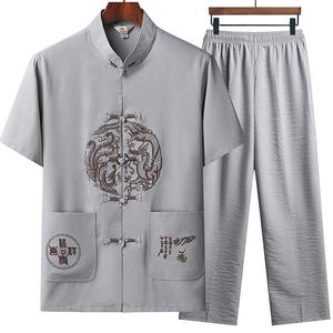 Survêtement d'été d'âge moyen et âgé vêtements chinois pour hommes de la dynastie Tang style Han costume à manches courtes lin civil Y2211