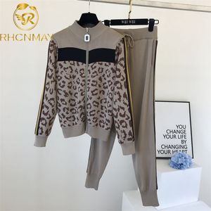 Trainingspak Dames Leopard Knit Zip Cardigan Tops + Broek Pak 2 stks Sets Lange Mouw Jas Jas Vrouw Casual Trui Broek Suits 211007