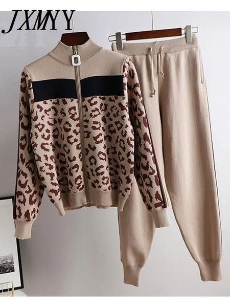 Tracksuit Femmes Leopard Knit Zip Cardigan Toppants Toppants 2PCS Ensembles à manches longues manteau femme Pantalage de pull décontracté Contrôle 231220