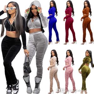 Survêtement Femmes Sportswear Sweatsuit 2023 Automne Velours Deux Pièces Ensemble Couleur Unie Manches Longues Fermeture Éclair À Capuche Haut Court Et Pantalon Empilé Rides Sport 2PCS Costume