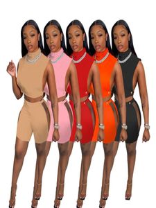 Tracksuits 2022 Zomer vrouwen High Neck Mouwloze Casual twee stukken Set Nightclub Party Hollow Out High Taille Shorts Sexy Solid6989276