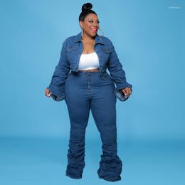 Tracksuits Fashion Denim Two -Piece Set Women Plus Size Clothing Geplooide knoppen met lange mouwen Crop top en broekpak Blue Leisure Outfit