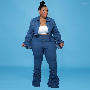 Tracksuits Fashion Denim Two -Piece Set Women Plus Size Clothing Geplooide knoppen met lange mouwen Crop top en broekpak Blue Leisure Outfit