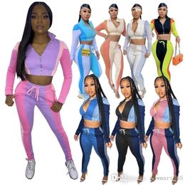 Survêtements pour femmes deux pièces pantalons ensemble épissage contraste sexy exposé ombilic sport automne costume mode fermeture éclair décontracté survêtement costume