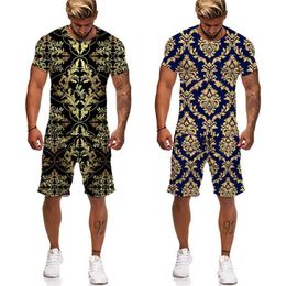 Tute Luxury Golden Flower Stampa 3D T-shirt / Pantaloncini / Set Brand Fashion Street Uomo 2 pezzi Summer Casual Sportswear Set P230605