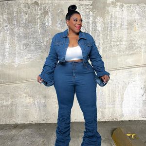 Tracksuits Plus size sets kleding dames tweedelig set herfst outfits lange mouw denim jas en jeans gestapelde broek druppel groothandel