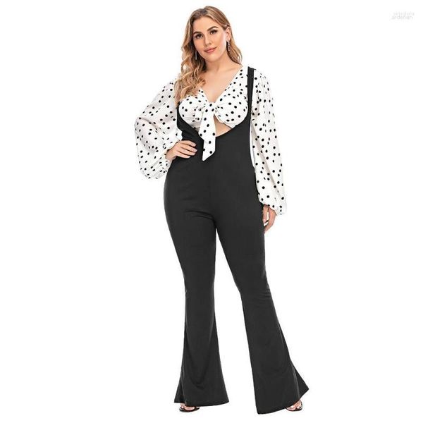 Chándales Tallas grandes Mujer Conjunto de 2 piezas Polka Dot Lattern Manga completa con cordones Crop Top Blusa Suspender Flaco Flare Pantalones Traje de dos piezas