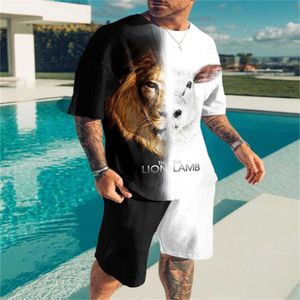 Trainingspakken Zomer Mode Heren T-shirt Shorts Casual 3D Print Zwart en Wit Animal Element Patroon Losse Crew Set van 2 P230603