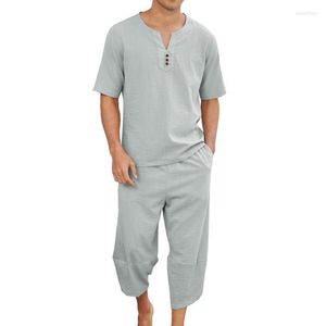 Survêtements d'été en lin, T-shirt à manches courtes et Short, ensemble deux pièces pour hommes, confortable, respirant, en coton fin et décontracté