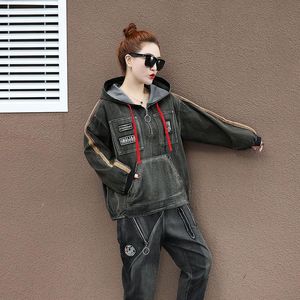 Tracksuits vrouwen set plus size kleding 2 -delige denim sweatshirts dames lange mouw top Koreaanse mode XC416 twee broek