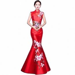 Traditionele Chinese Nieuwe Jaar Vrouwen Kleding Lg Dr Hanfu Chegsams Qipao Avond Bruiloft Bruid Rode Halter Slepen Phoenix Z2Ru #