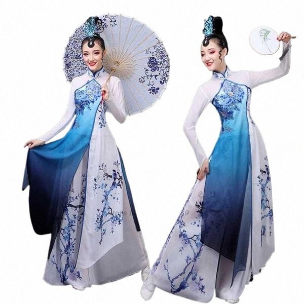 Traditial chino Vintage Hanfu Fr Imprimir Qipao Dr + pantalones Set antiguo traje de danza folclórica puesta en escena Dr z3uC #