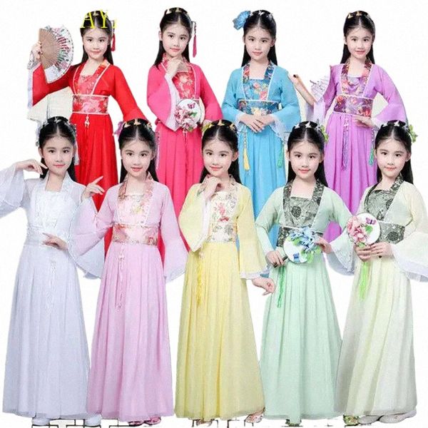 entusiastas de la danza tradicional en China ropa tradicional para niños Hanfu al rojo vivo cielo azul blanco Halen ropa de niña S9Nq #