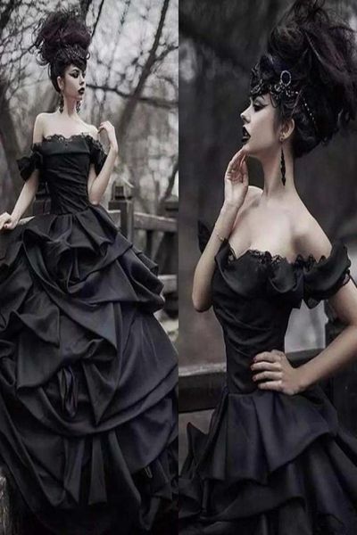 Tradition Robes de mariée gothique noire Victorien Punk Robes de mariée Robes de mariée de l'épaule Entraînement Satin Princess Bride Gowns4364881